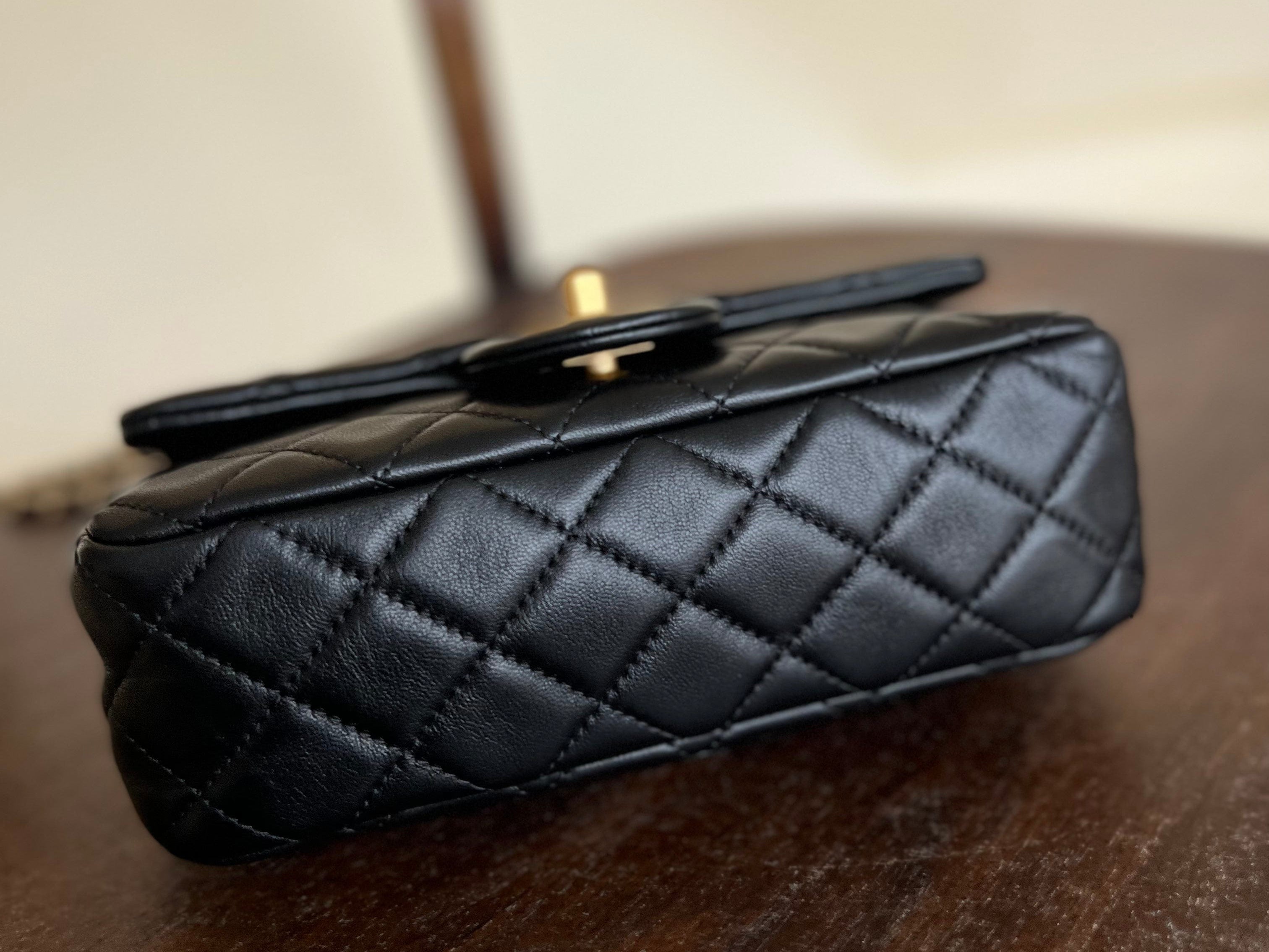 CHANEL Handbag Black Lambskin Quilted Mini Rectangular CC Pearl Crush Single Flap AGHW - Redeluxe