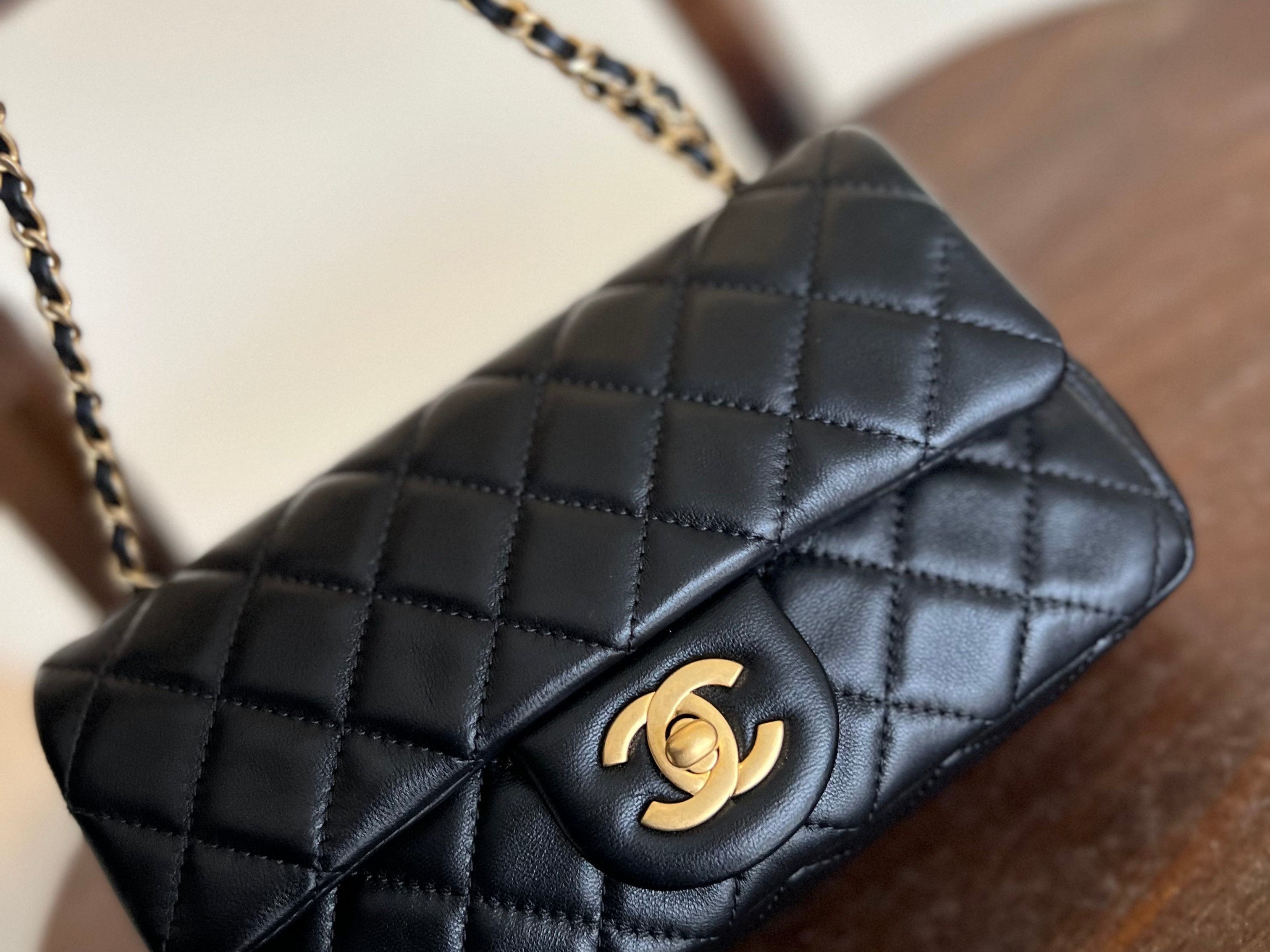 CHANEL Handbag Black Lambskin Quilted Mini Rectangular CC Pearl Crush Single Flap AGHW - Redeluxe