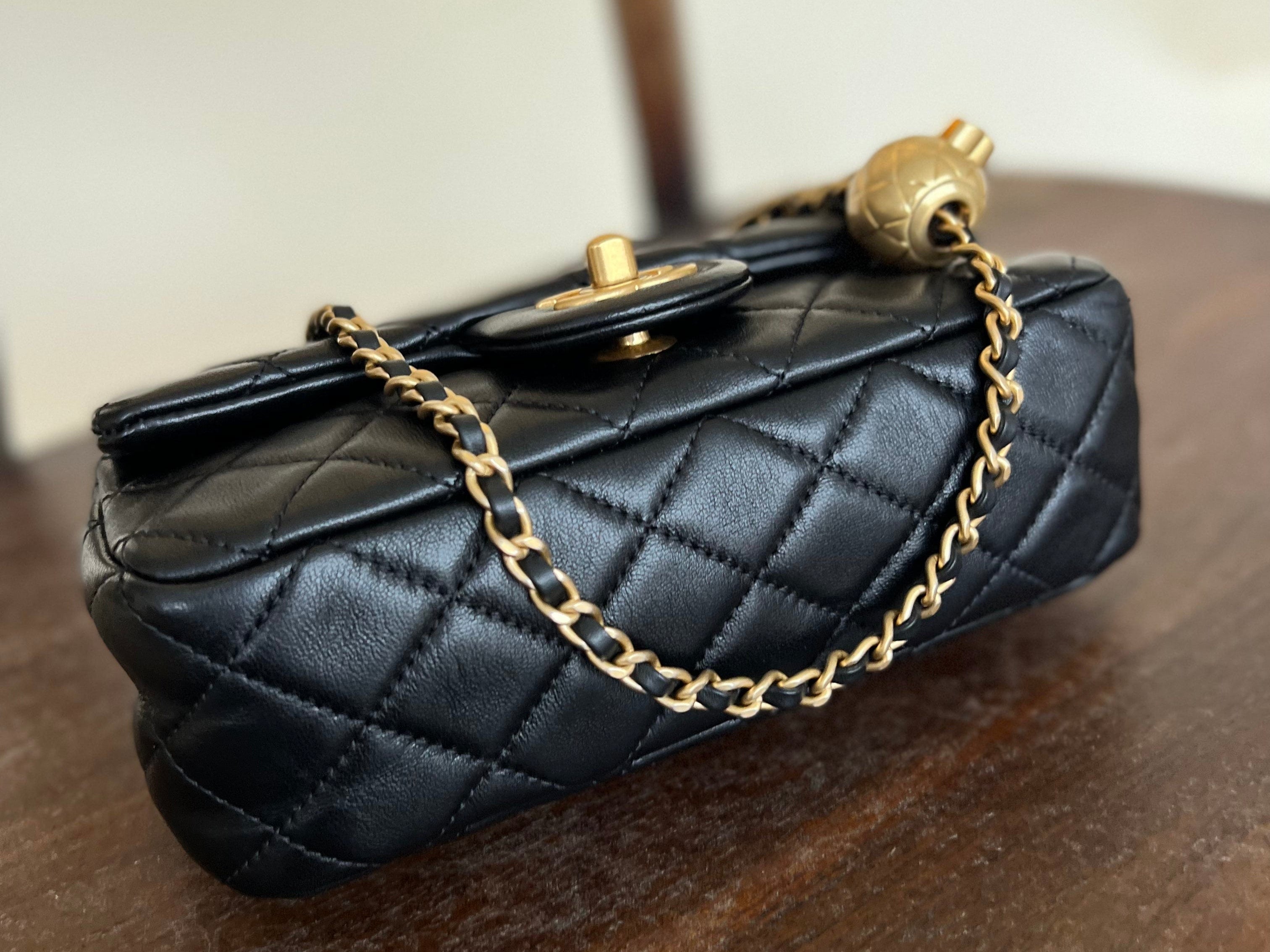 CHANEL Handbag Black Lambskin Quilted Mini Rectangular CC Pearl Crush Single Flap AGHW - Redeluxe