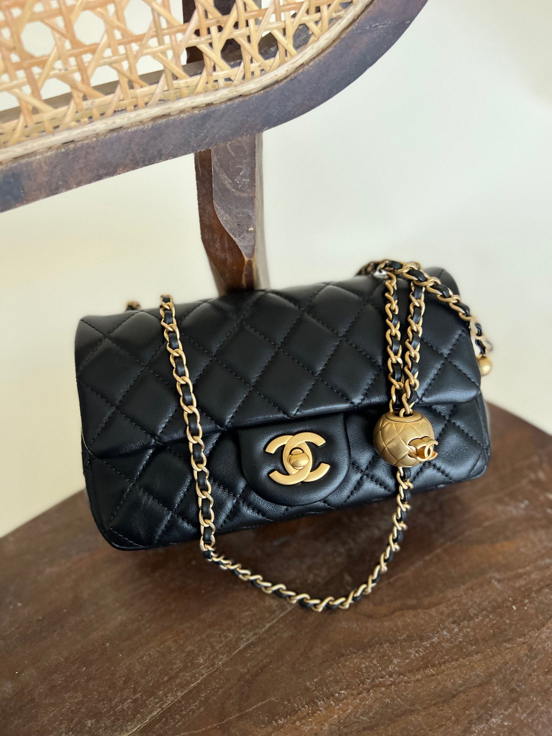 Black Lambskin Quilted Mini Rectangular CC Pearl Crush Single Flap AGH REDELUXE