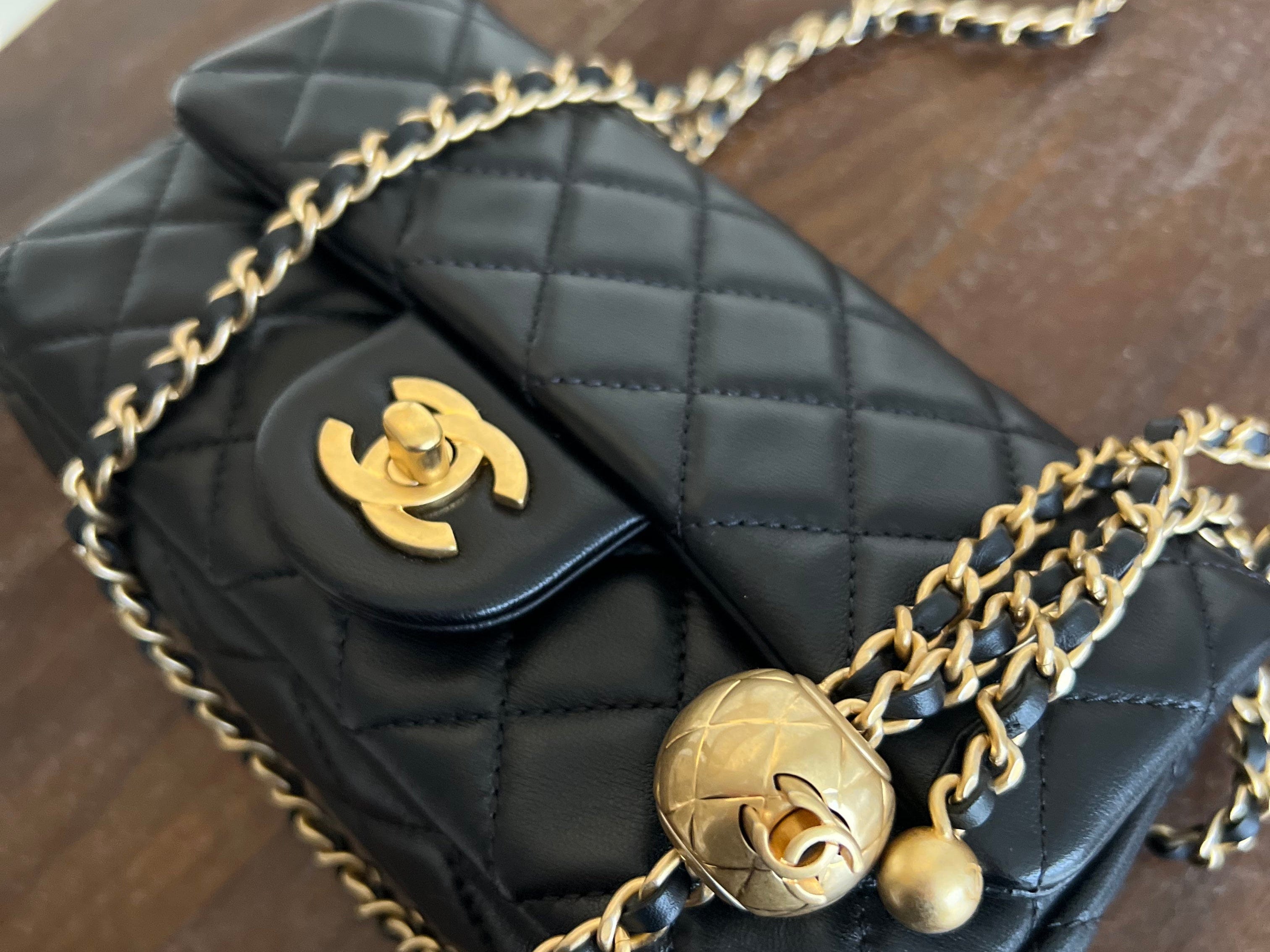 CHANEL Handbag Black Lambskin Quilted Mini Rectangular CC Pearl Crush Single Flap AGHW - Redeluxe