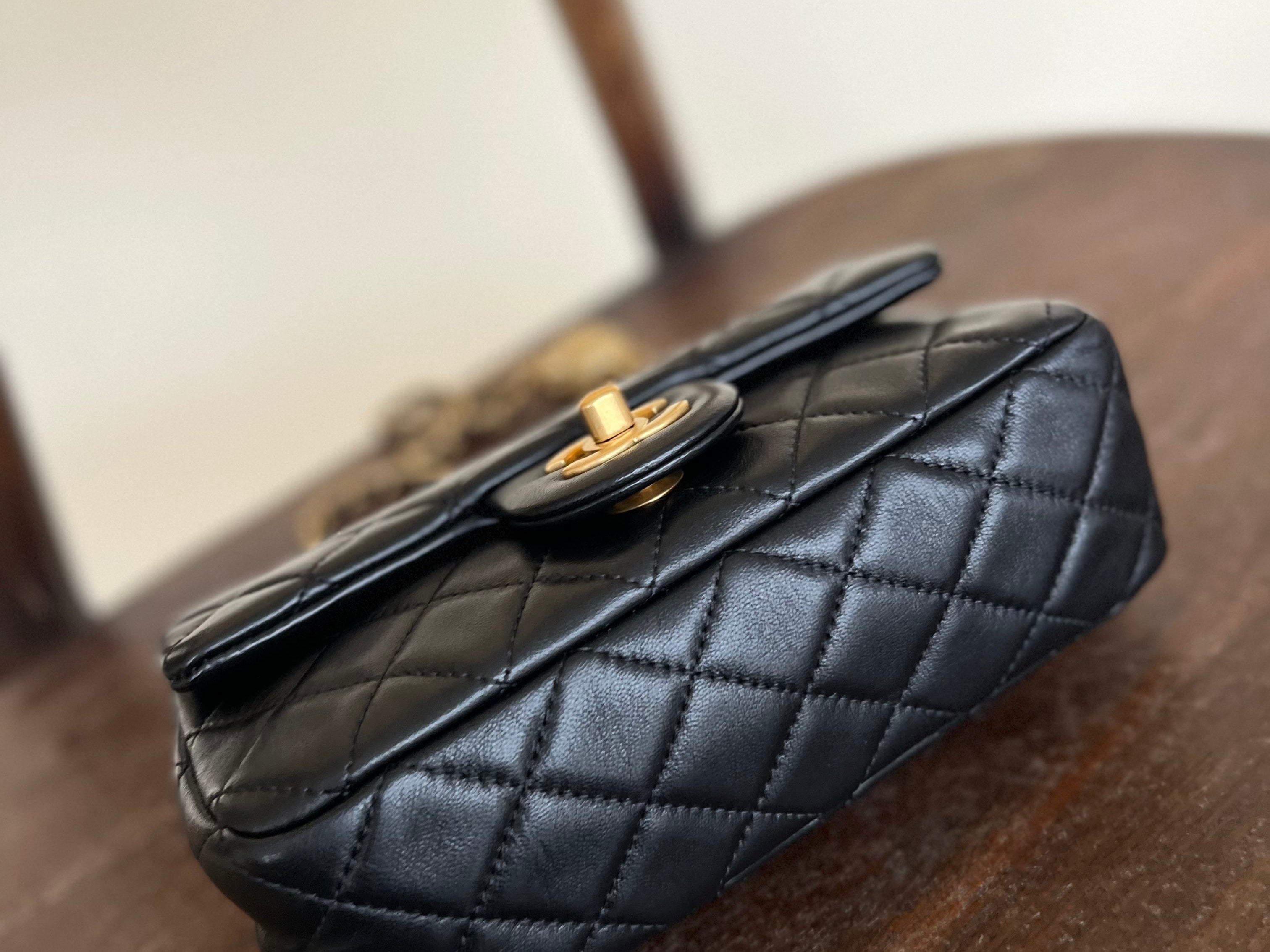 CHANEL Handbag Black Lambskin Quilted Mini Rectangular CC Pearl Crush Single Flap AGHW - Redeluxe