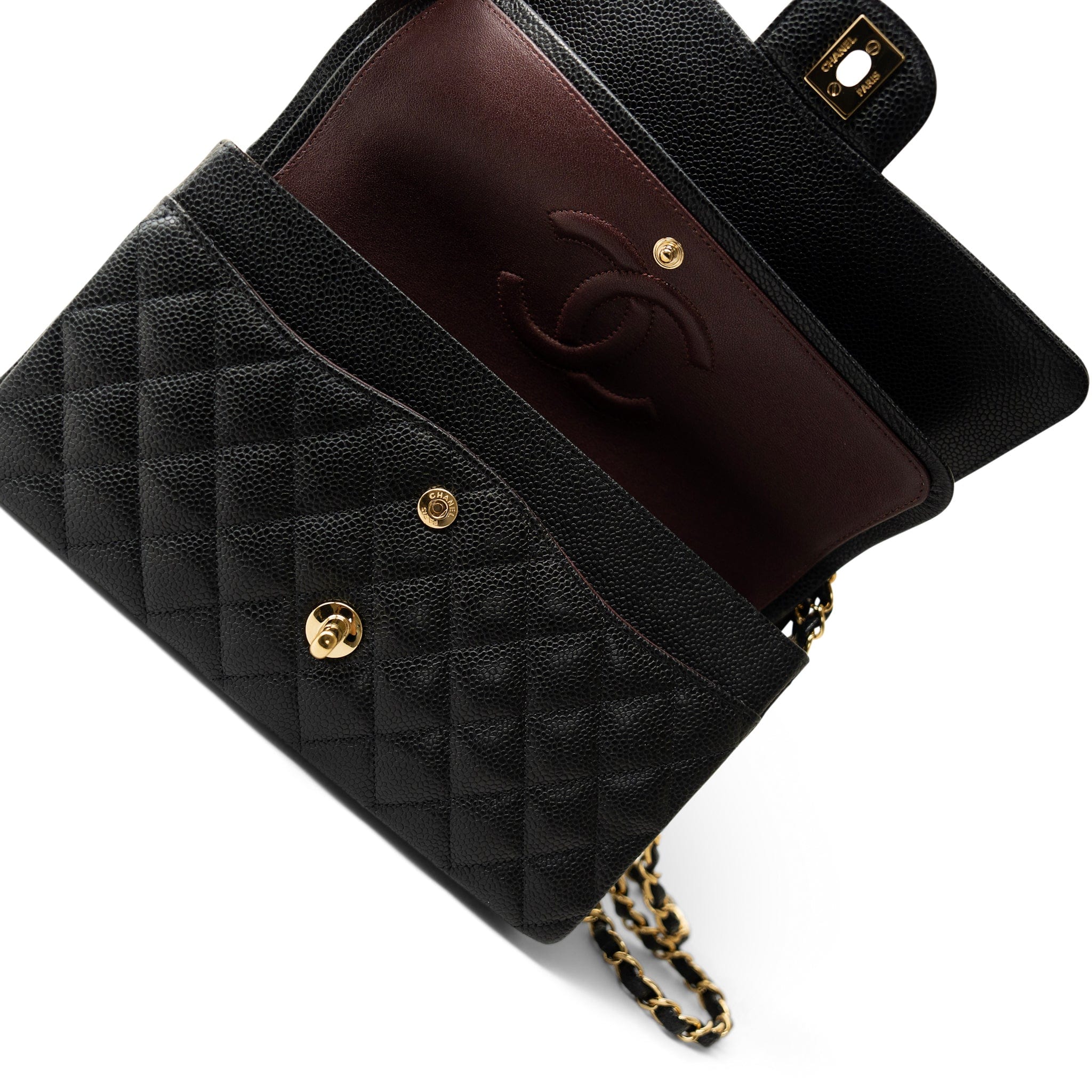 CHANEL Handbag Black Medium Black Caviar Quilted Classic Flap Gold Hardware - Redeluxe