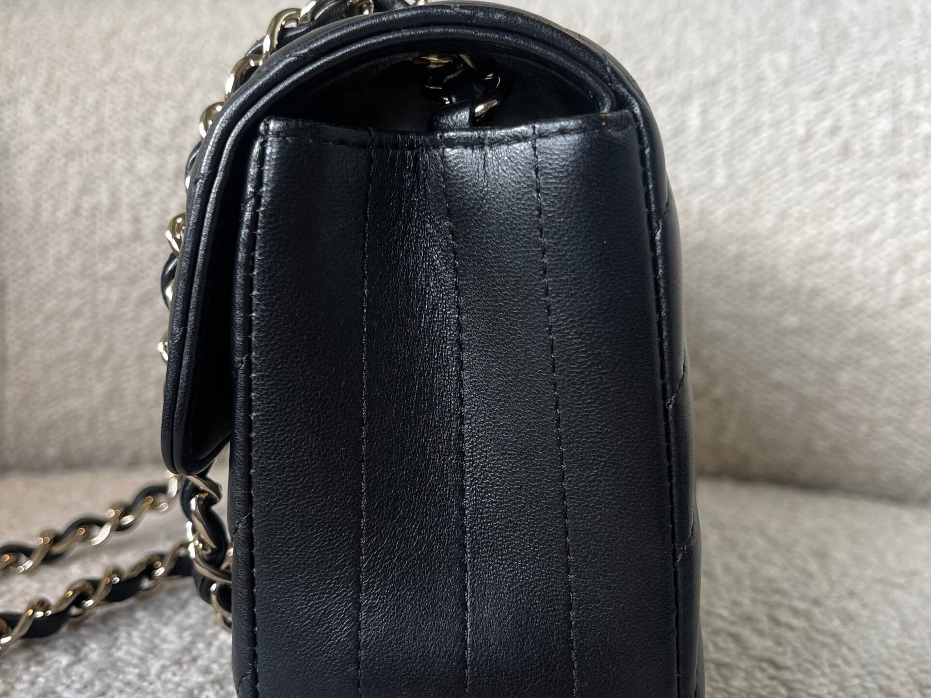 CHANEL Handbag Black Mini Rectangular Lambskin Chevron Light Gold Hardware - Redeluxe