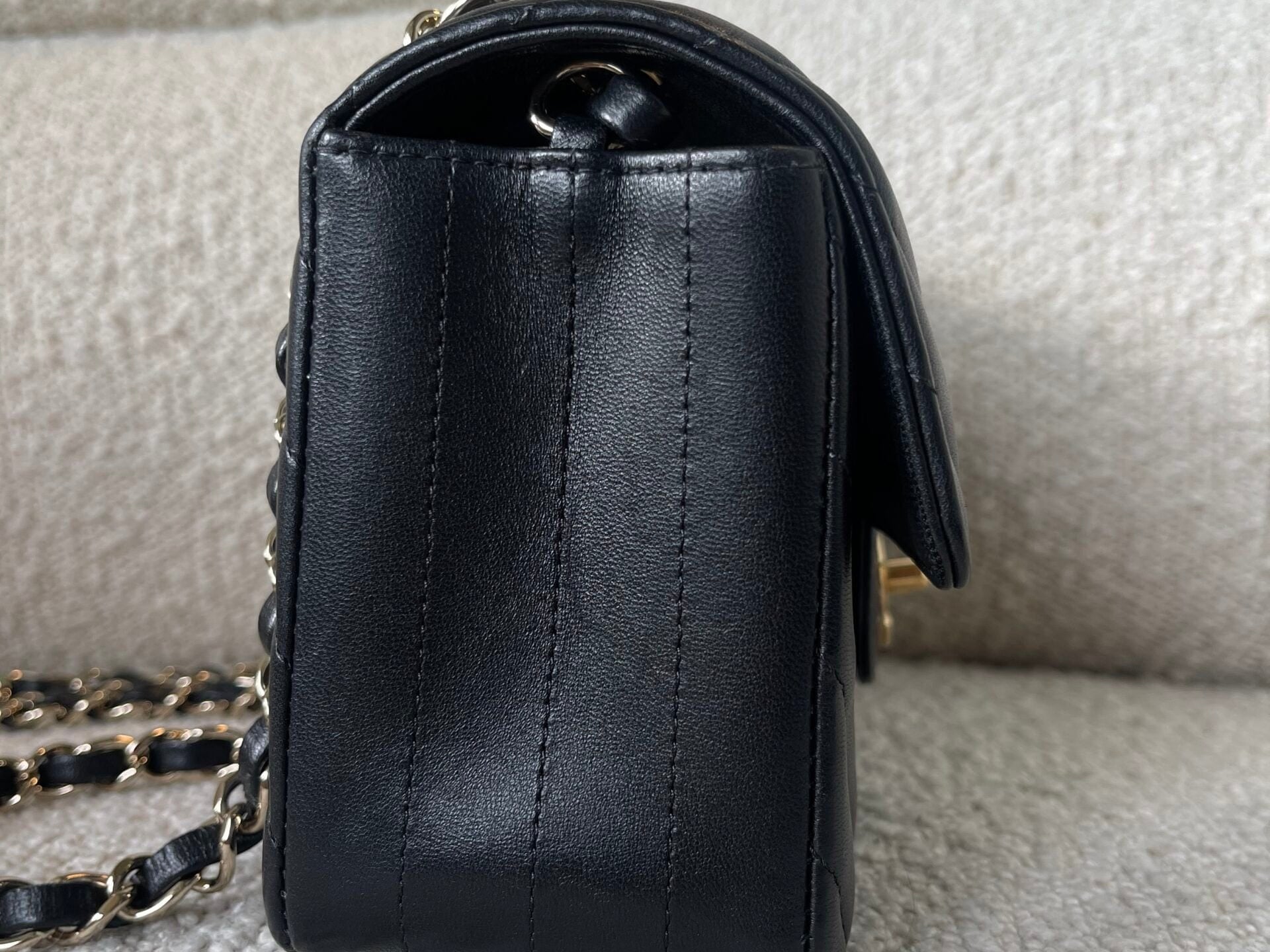 CHANEL Handbag Black Mini Rectangular Lambskin Chevron Light Gold Hardware - Redeluxe