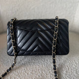 CHANEL Handbag Black Mini Rectangular Lambskin Chevron Light Gold Hardware - Redeluxe