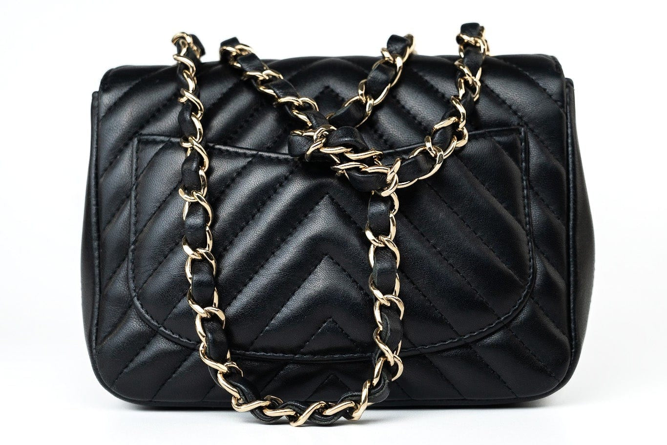CHANEL Handbag Black Mini Square Black Lambskin Chevron Flap LGHW - Redeluxe