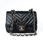 CHANEL Handbag Black Mini Square Black Lambskin Chevron Flap LGHW - Redeluxe