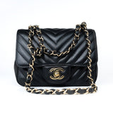 CHANEL Handbag Black Mini Square Black Lambskin Chevron Flap LGHW - Redeluxe