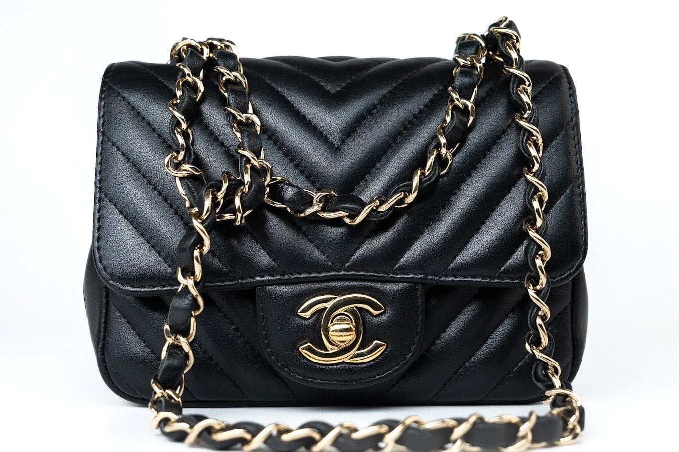 CHANEL Handbag Black Mini Square Black Lambskin Chevron Flap LGHW - Redeluxe