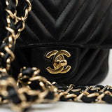 CHANEL Handbag Black Mini Square Black Lambskin Chevron Flap LGHW - Redeluxe