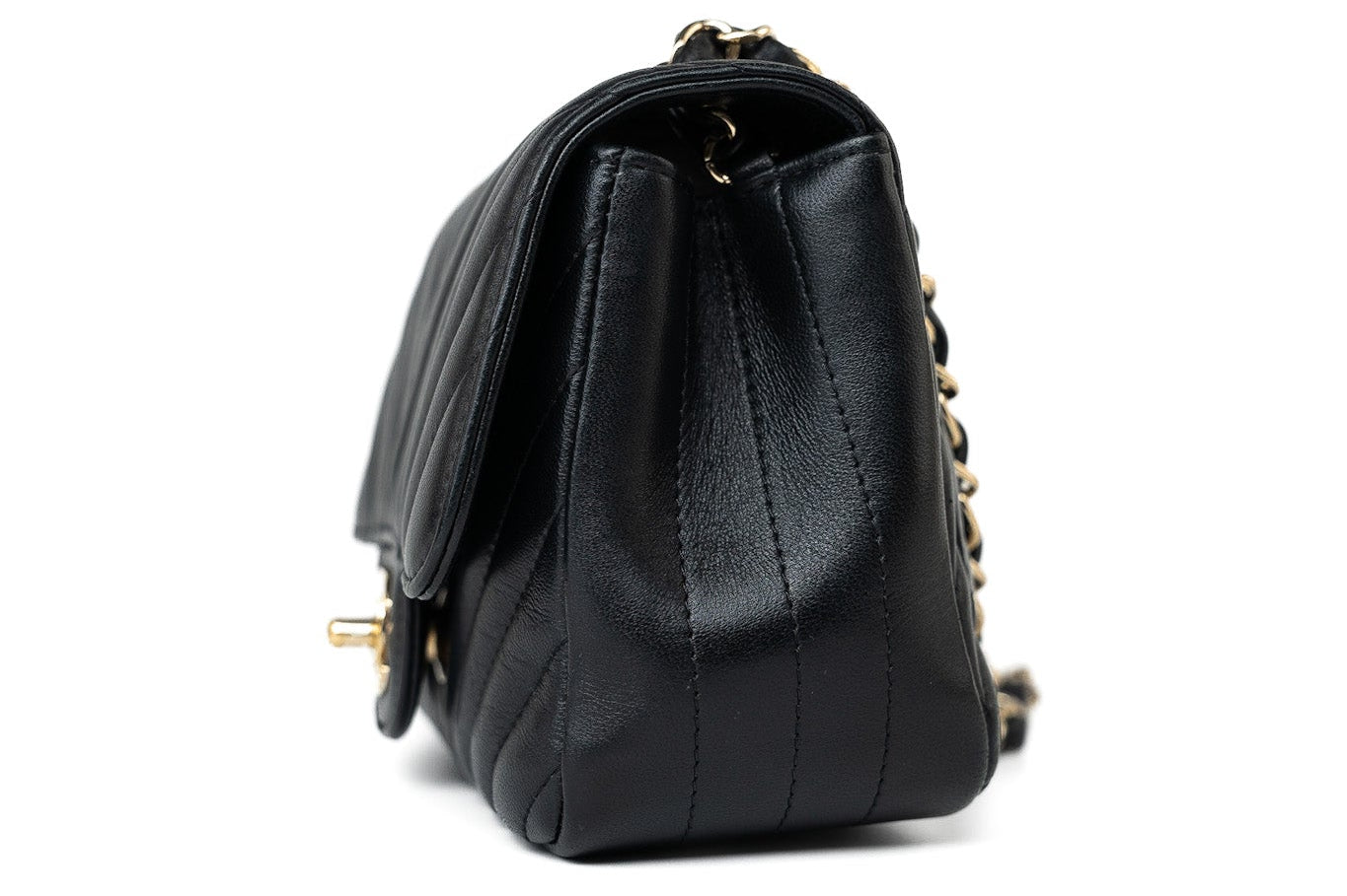 CHANEL Handbag Black Mini Square Black Lambskin Chevron Flap LGHW - Redeluxe