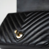 CHANEL Handbag Black Mini Square Black Lambskin Chevron Flap LGHW - Redeluxe