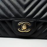 CHANEL Handbag Black Mini Square Black Lambskin Chevron Flap LGHW - Redeluxe