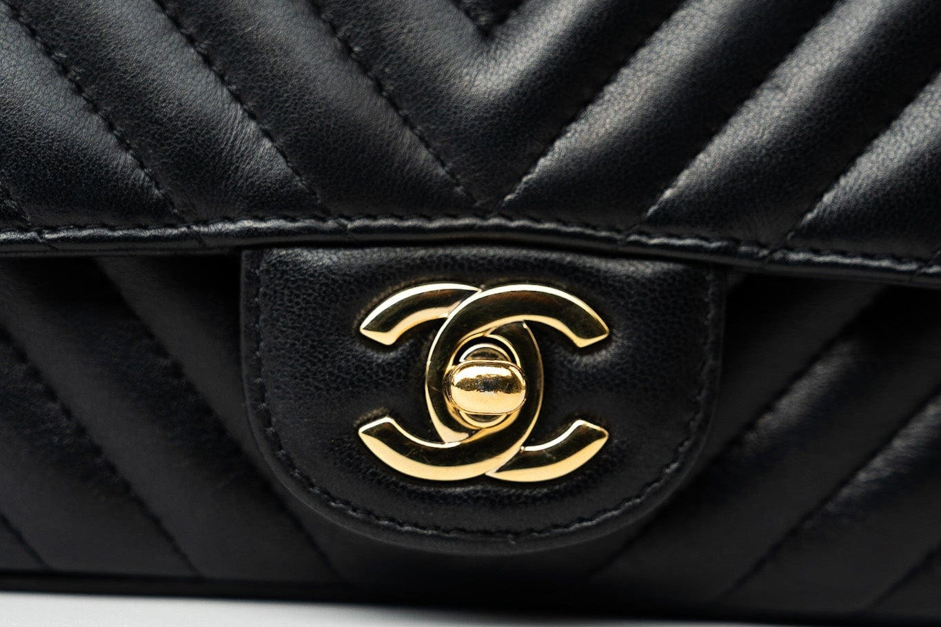 CHANEL Handbag Black Mini Square Black Lambskin Chevron Flap LGHW - Redeluxe