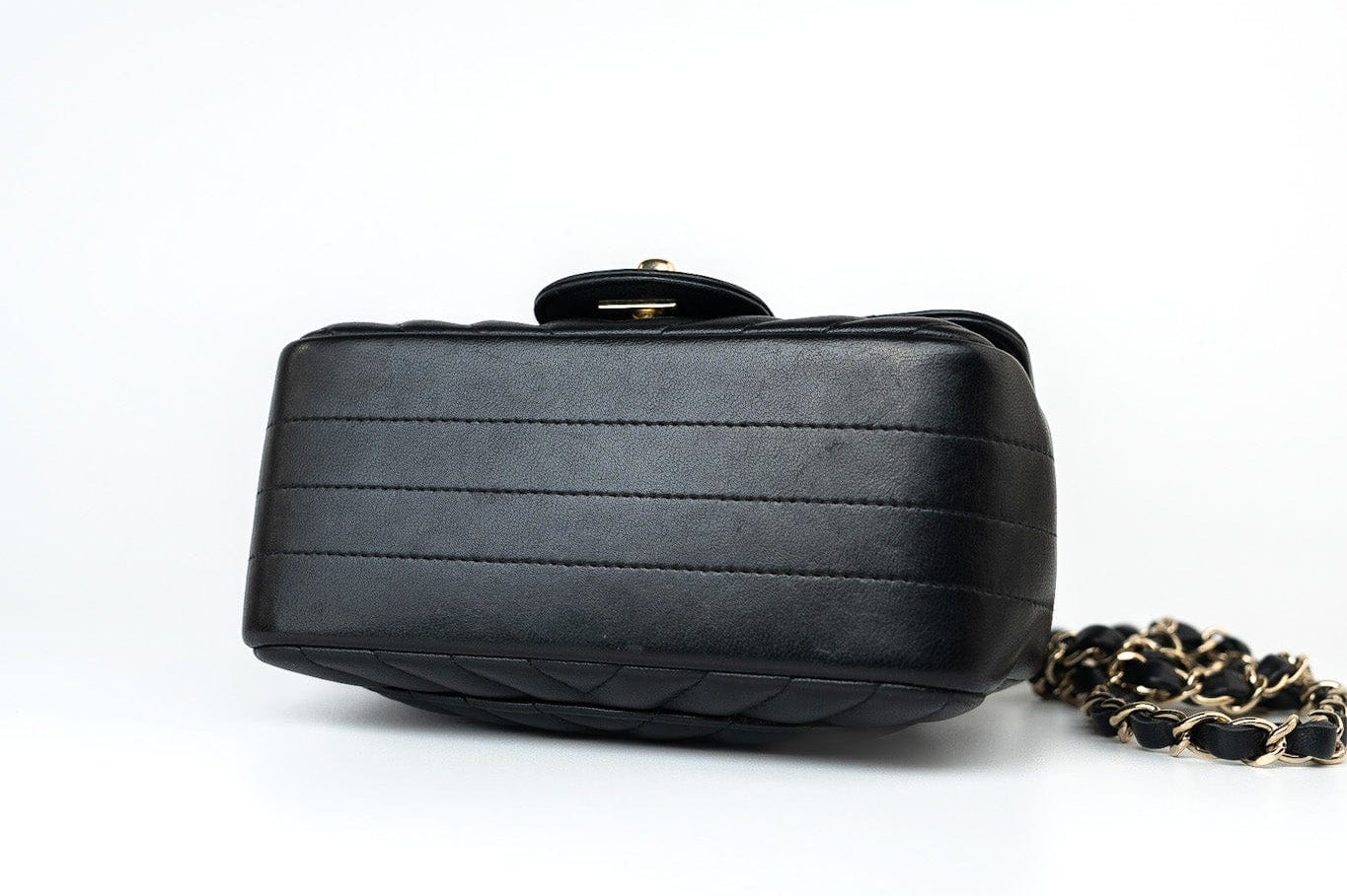 CHANEL Handbag Black Mini Square Black Lambskin Chevron Flap LGHW - Redeluxe