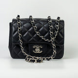CHANEL Handbag Black Mini Square Lambskin Quilted Flap Silver Hardware - Redeluxe