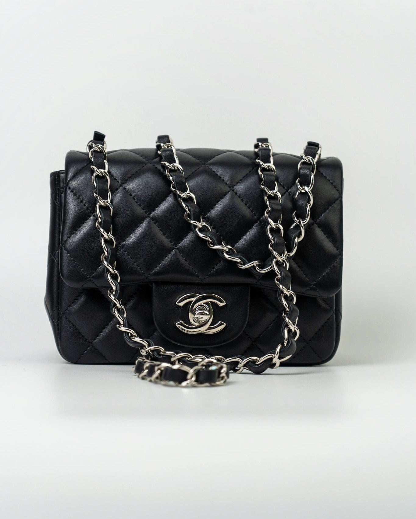 CHANEL Handbag Black Mini Square Lambskin Quilted Flap Silver Hardware - Redeluxe
