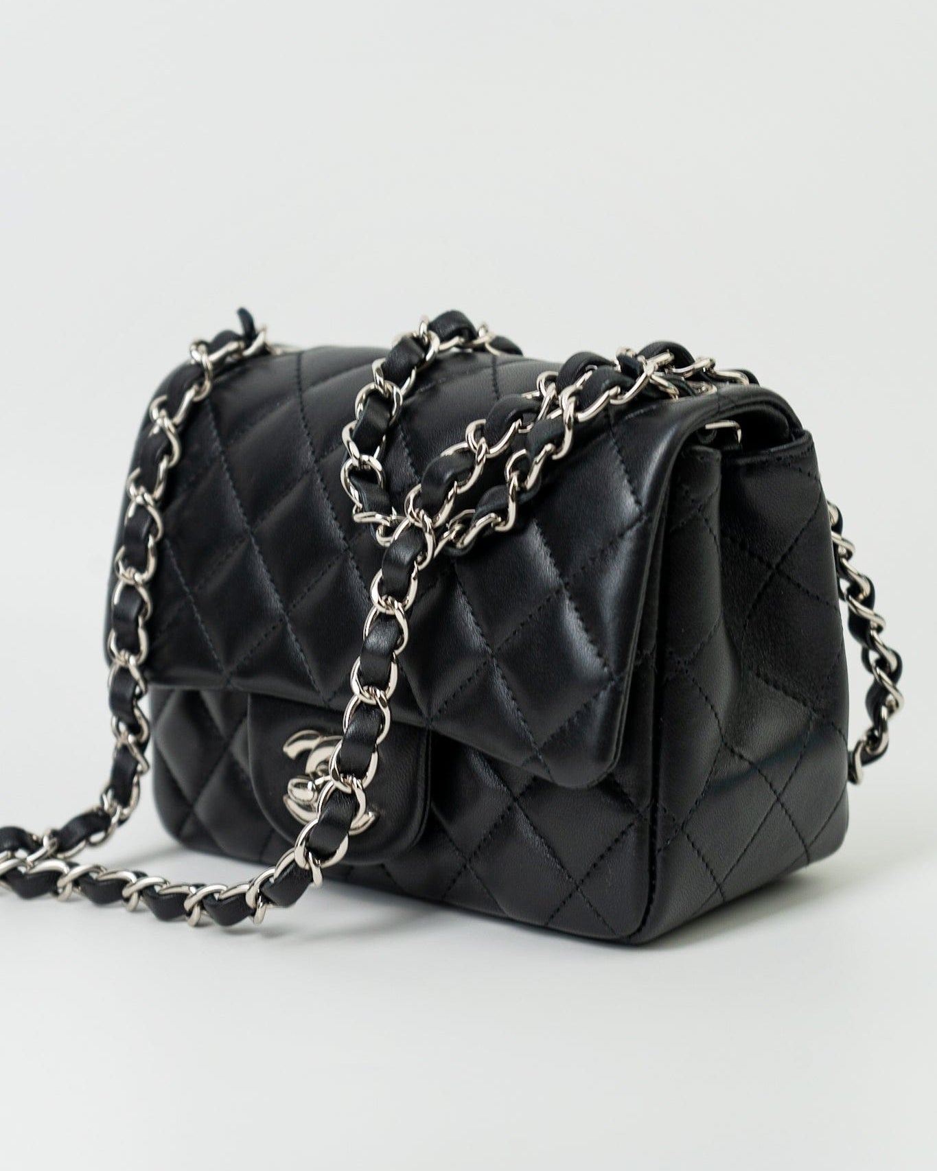 CHANEL Handbag Black Mini Square Lambskin Quilted Flap Silver Hardware - Redeluxe
