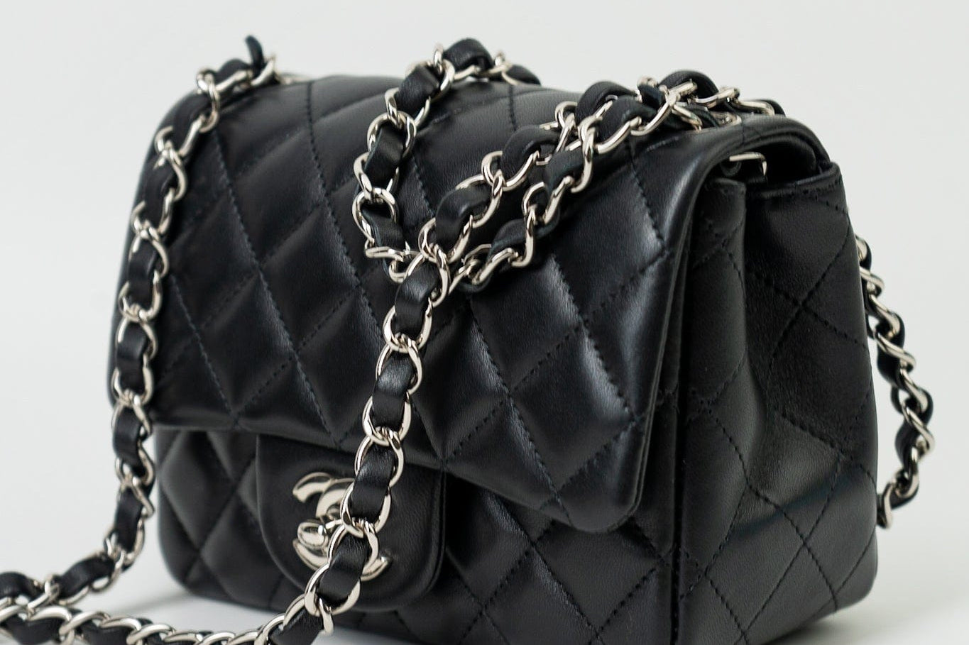 CHANEL Handbag Black Mini Square Lambskin Quilted Flap Silver Hardware - Redeluxe
