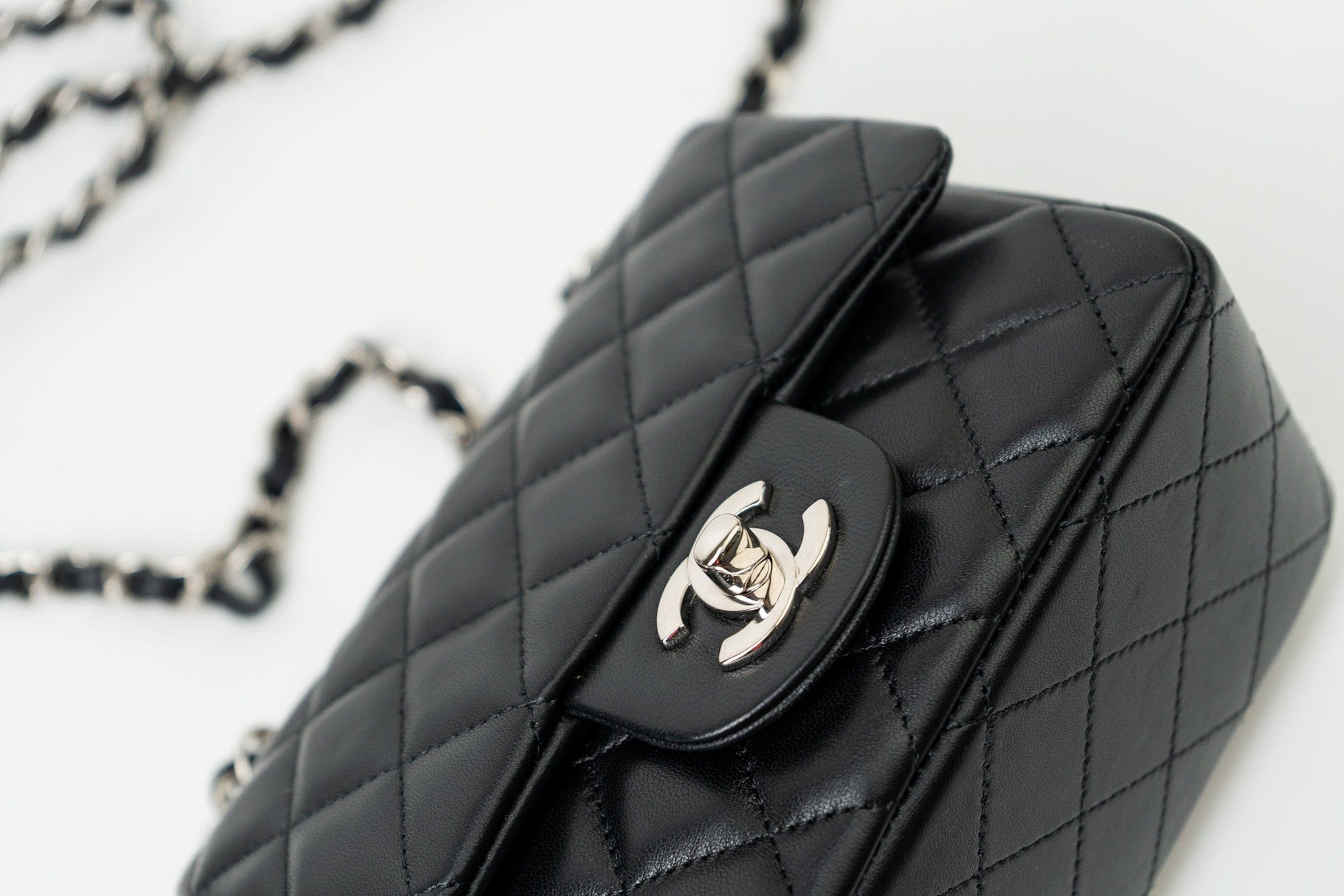 CHANEL Handbag Black Mini Square Lambskin Quilted Flap Silver Hardware - Redeluxe