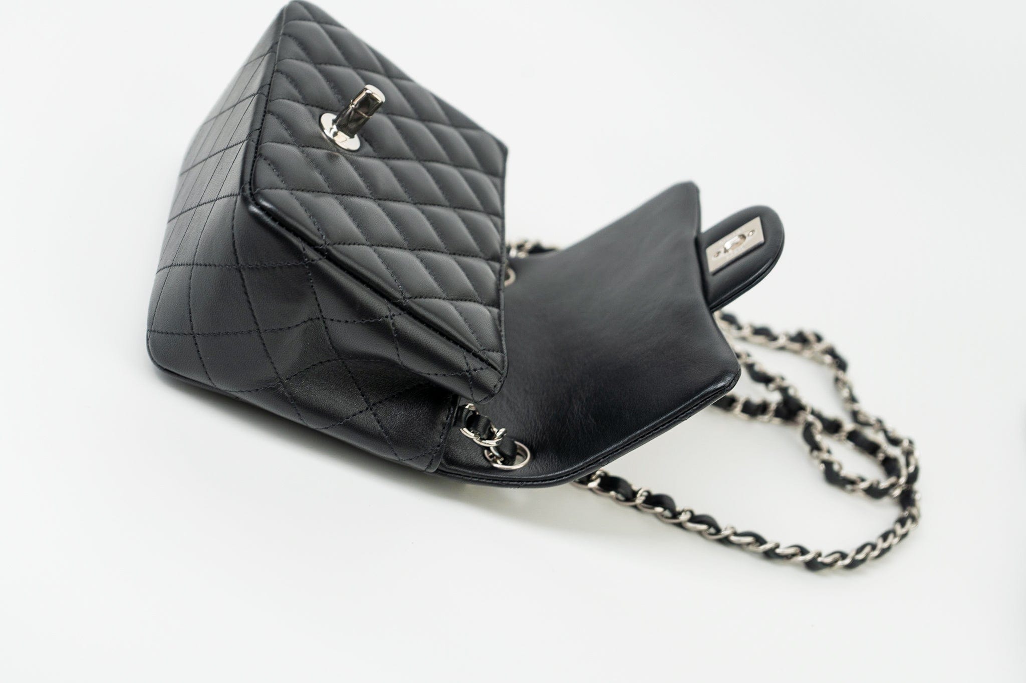 CHANEL Handbag Black Mini Square Lambskin Quilted Flap Silver Hardware - Redeluxe