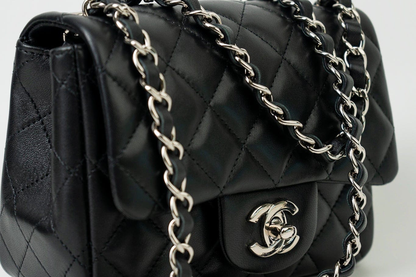 CHANEL Handbag Black Mini Square Lambskin Quilted Flap Silver Hardware - Redeluxe