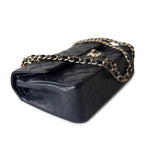 CHANEL Handbag Black Navy Caviar Quilted Classic Flap Medium Light Gold Hardware - Redeluxe