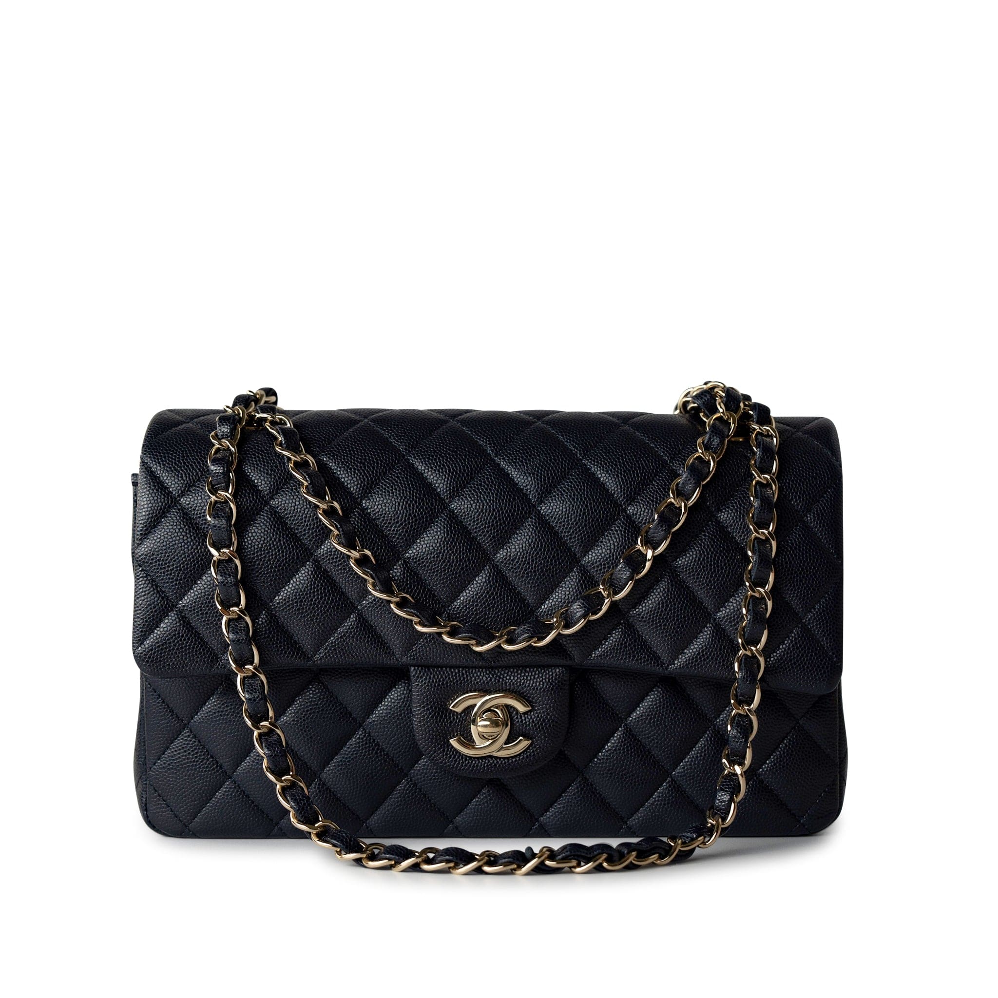 CHANEL Handbag Black Navy Caviar Quilted Classic Flap Medium Light Gold Hardware - Redeluxe