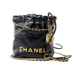 CHANEL Handbag Black Shiny Black Calfskin Quilted Mini 22 Bag Antique Gold Hardware - Redeluxe