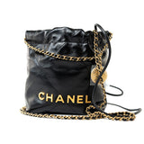 CHANEL Handbag Black Shiny Black Calfskin Quilted Mini 22 Bag Antique Gold Hardware - Redeluxe