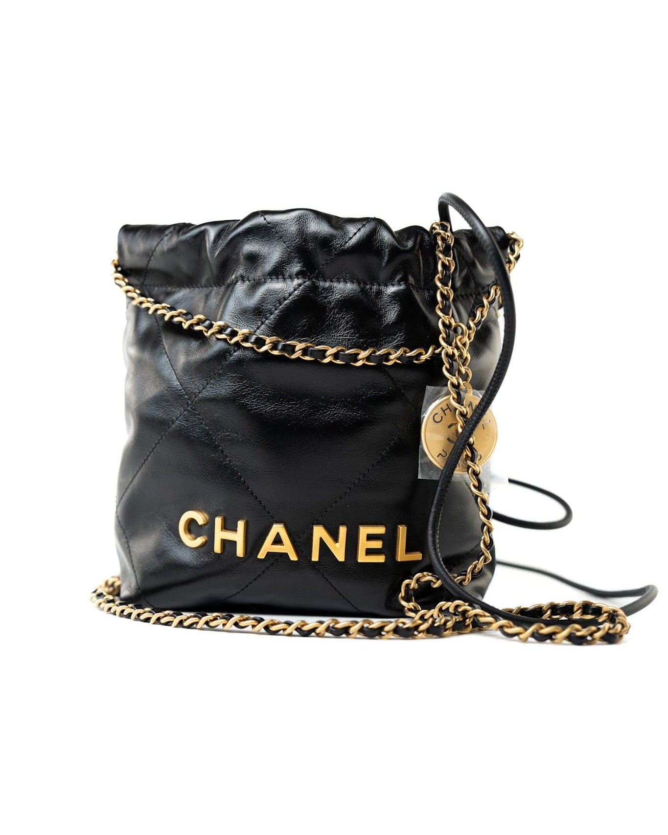 CHANEL Handbag Black Shiny Black Calfskin Quilted Mini 22 Bag Antique Gold Hardware - Redeluxe