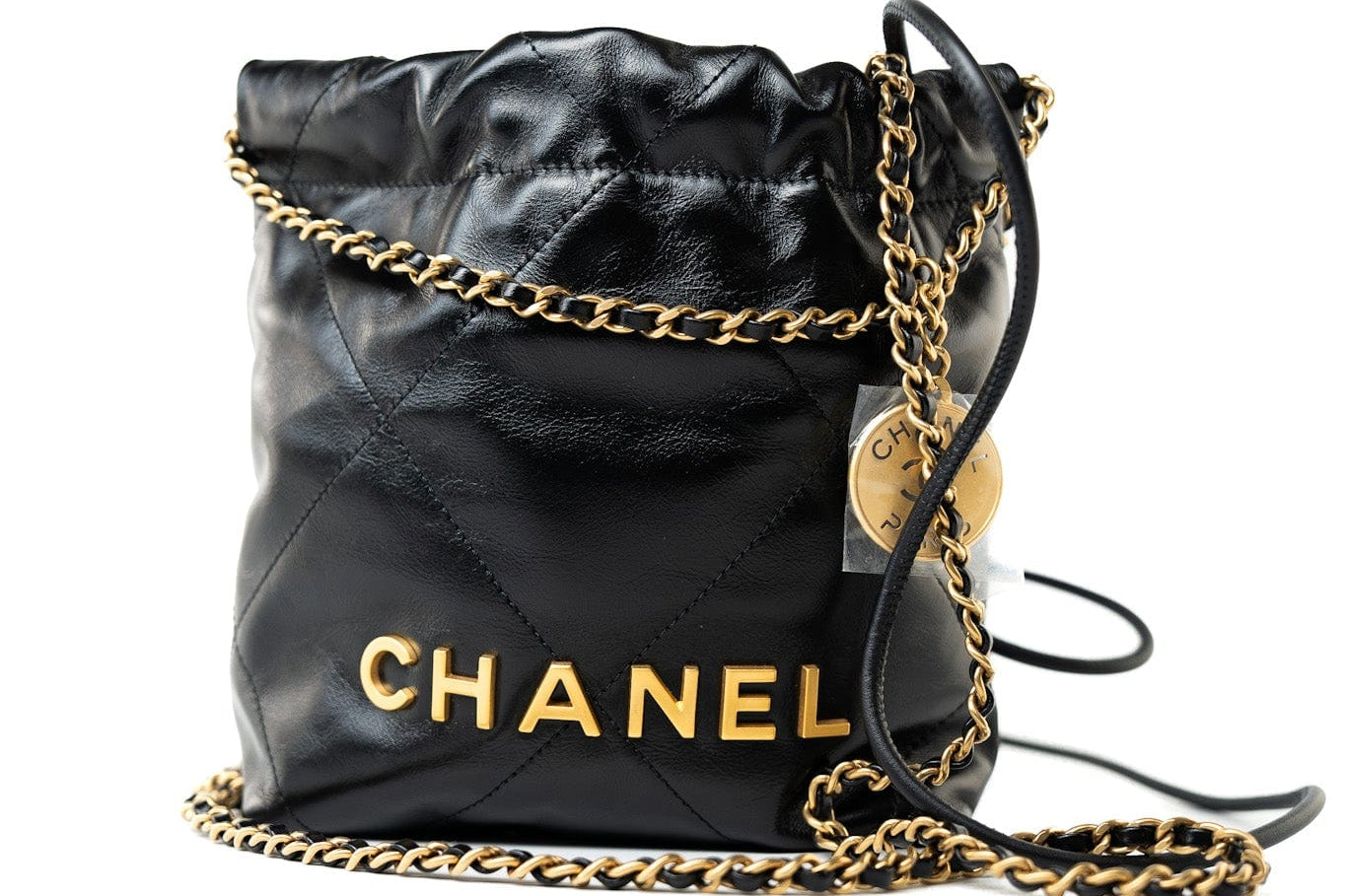 CHANEL Handbag Black Shiny Black Calfskin Quilted Mini 22 Bag Antique Gold Hardware - Redeluxe