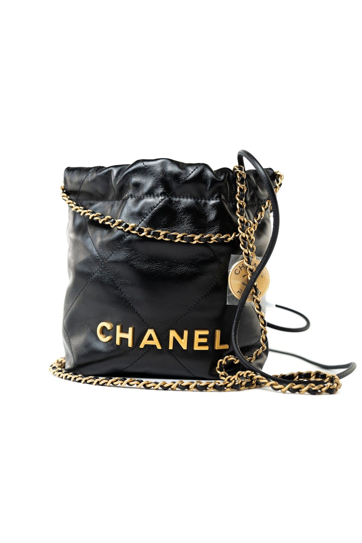CHANEL Handbag Black Shiny Black Calfskin Quilted Mini 22 Bag Antique Gold Hardware - Redeluxe