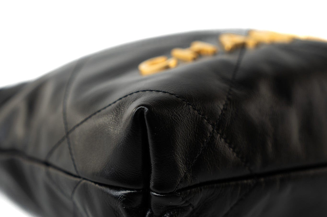 CHANEL Handbag Black Shiny Black Calfskin Quilted Mini 22 Bag Antique Gold Hardware - Redeluxe
