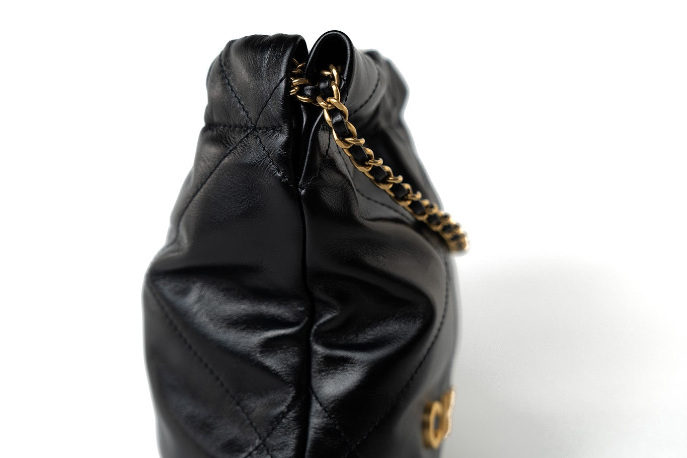 CHANEL Handbag Black Shiny Black Calfskin Quilted Mini 22 Bag Antique Gold Hardware - Redeluxe
