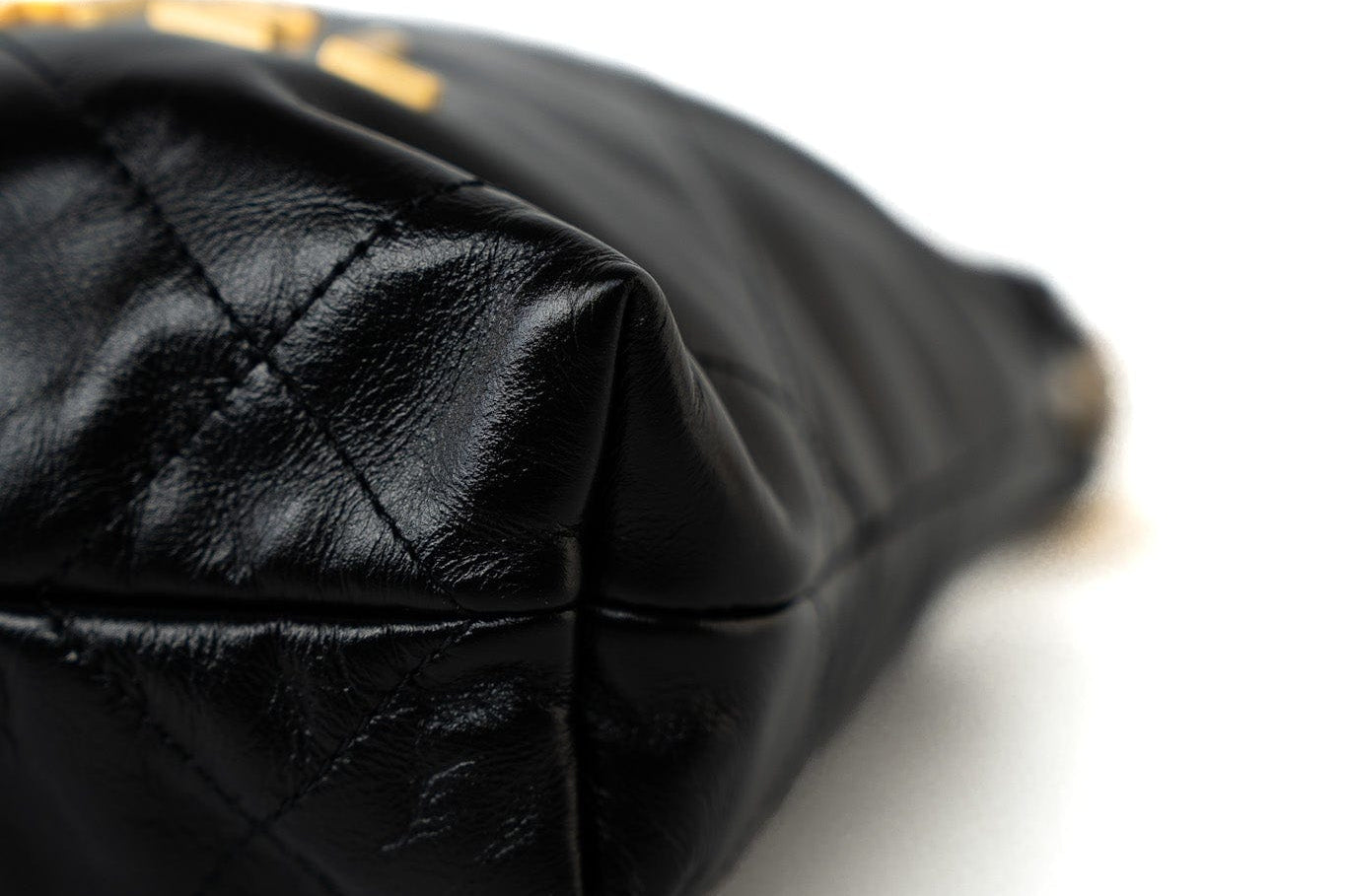 CHANEL Handbag Black Shiny Black Calfskin Quilted Mini 22 Bag Antique Gold Hardware - Redeluxe