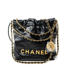 CHANEL Handbag Black Shiny Black Calfskin Quilted Mini 22 Bag Antique Gold Hardware - Redeluxe