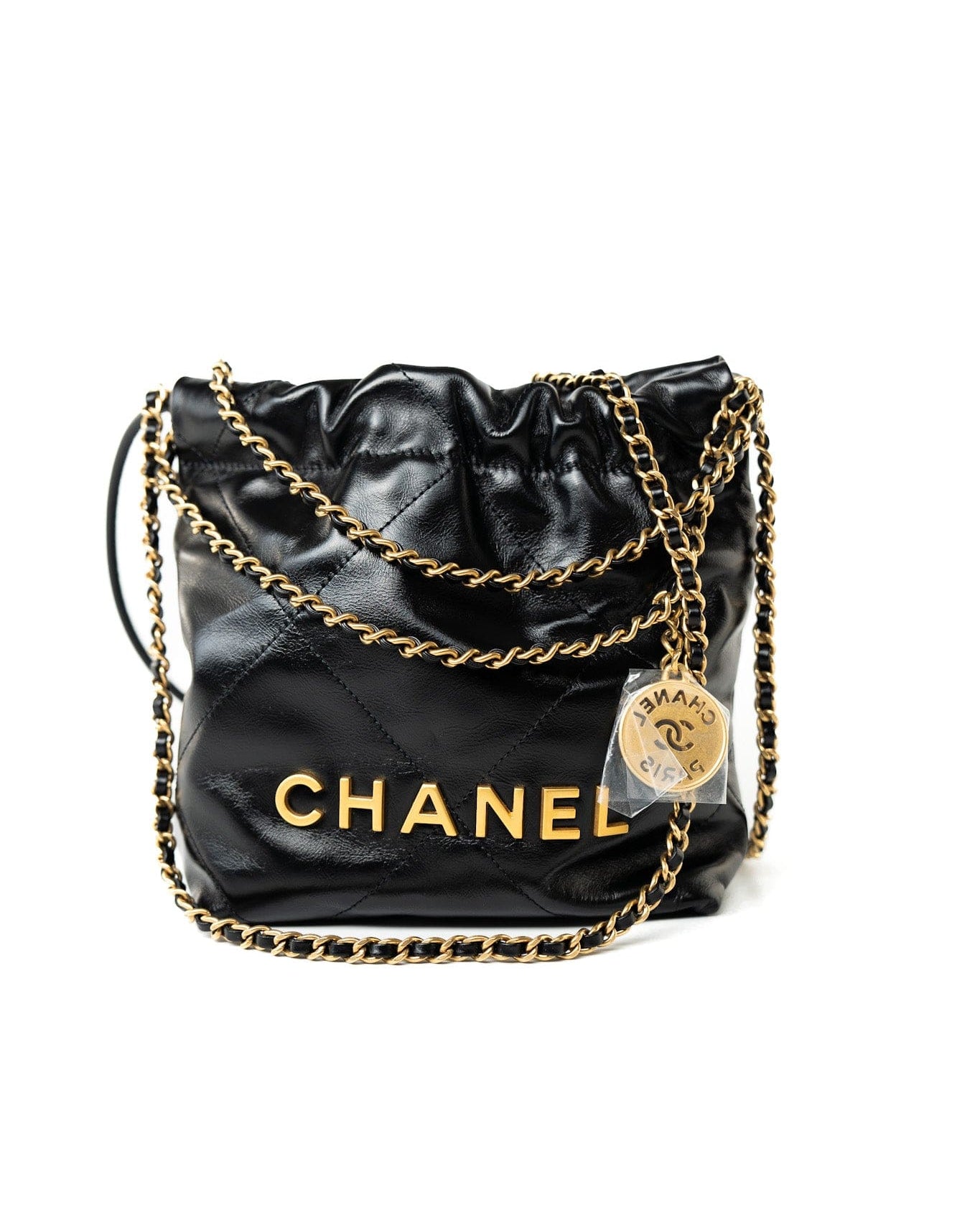 CHANEL Handbag Black Shiny Black Calfskin Quilted Mini 22 Bag Antique Gold Hardware - Redeluxe