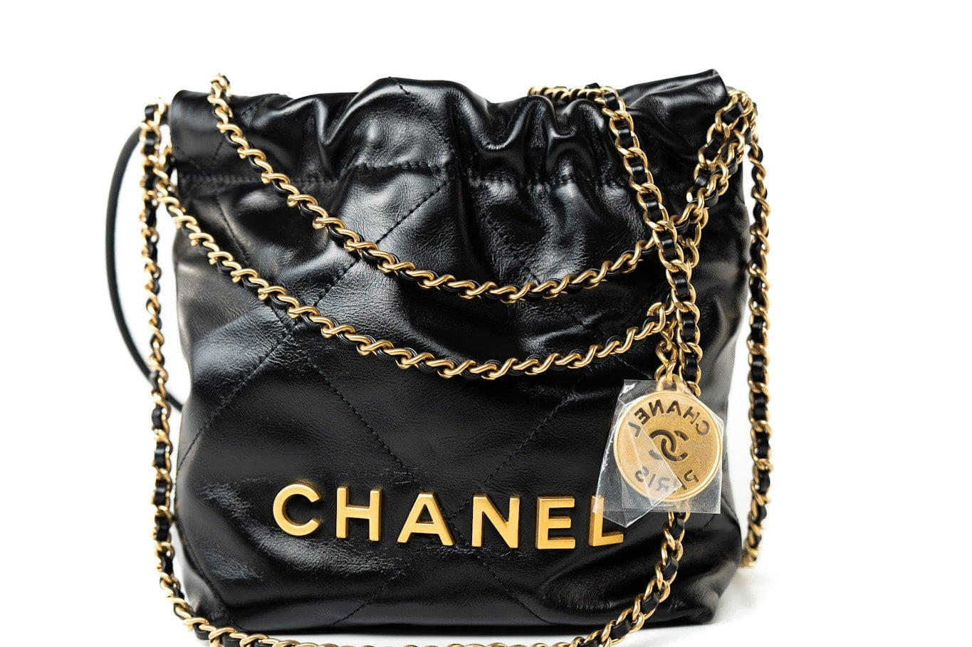 CHANEL Handbag Black Shiny Black Calfskin Quilted Mini 22 Bag Antique Gold Hardware - Redeluxe
