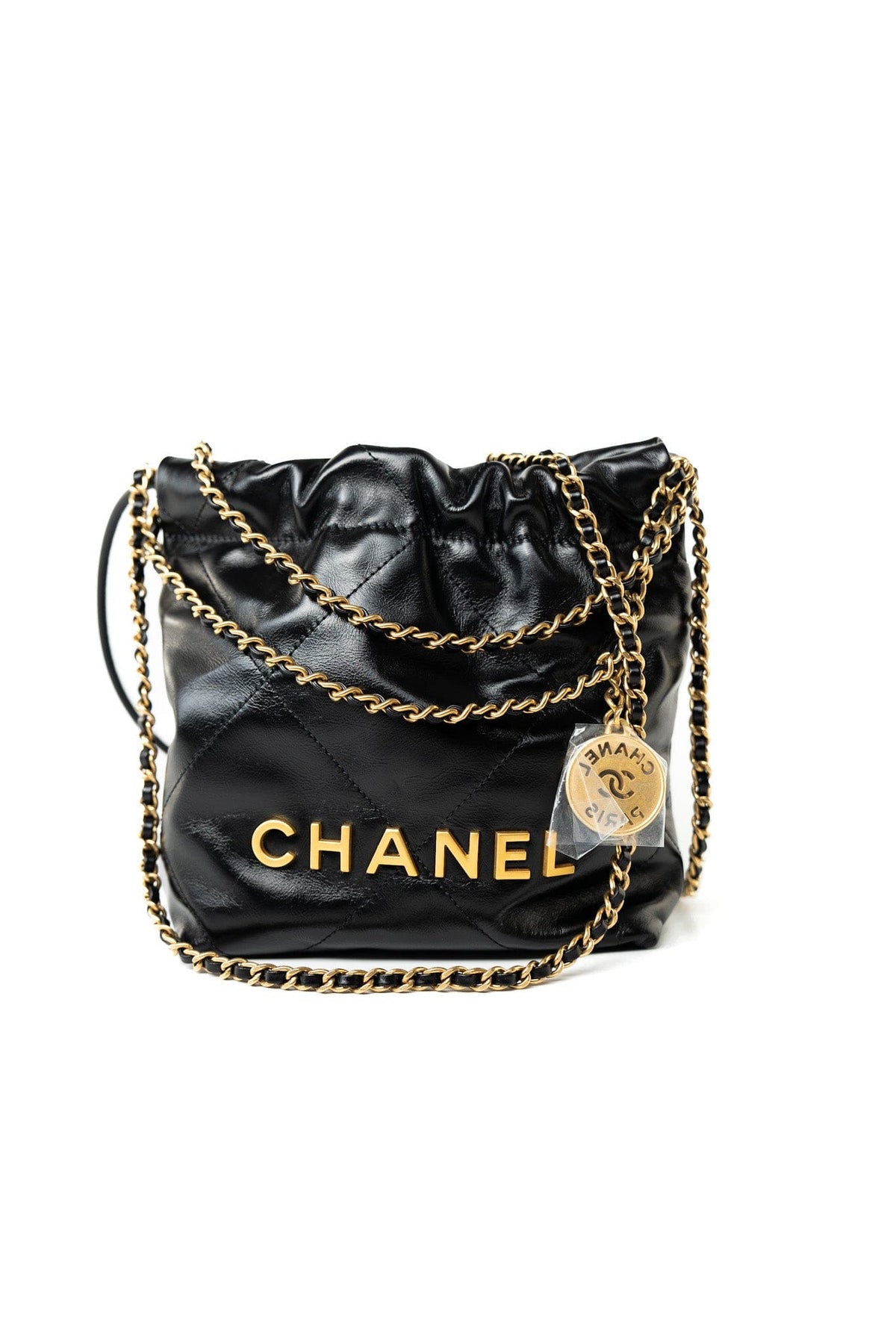 CHANEL Handbag Black Shiny Black Calfskin Quilted Mini 22 Bag Antique Gold Hardware - Redeluxe