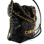 CHANEL Handbag Black Shiny Black Calfskin Quilted Mini 22 Bag Antique Gold Hardware - Redeluxe
