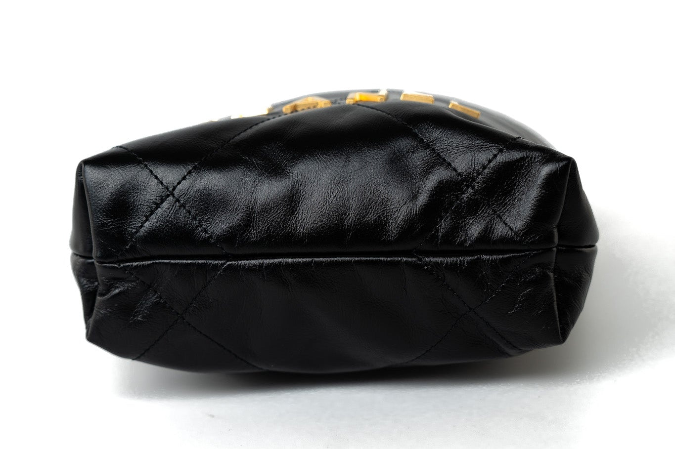 CHANEL Handbag Black Shiny Black Calfskin Quilted Mini 22 Bag Antique Gold Hardware - Redeluxe