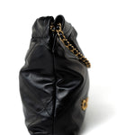 CHANEL Handbag Black Shiny Black Calfskin Quilted Mini 22 Bag Antique Gold Hardware - Redeluxe