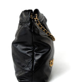 CHANEL Handbag Black Shiny Black Calfskin Quilted Mini 22 Bag Antique Gold Hardware - Redeluxe