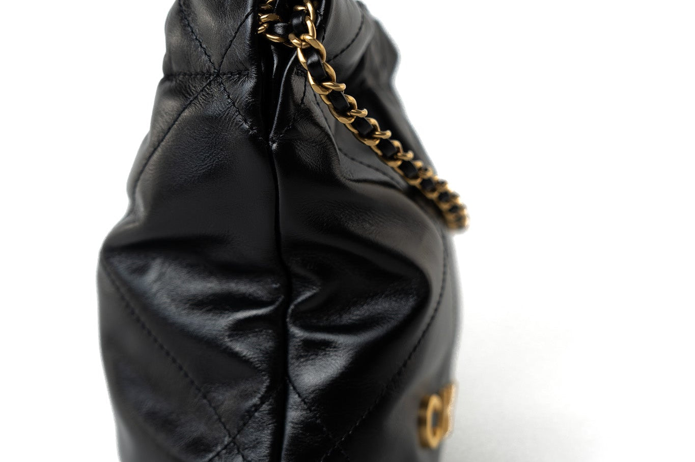 CHANEL Handbag Black Shiny Black Calfskin Quilted Mini 22 Bag Antique Gold Hardware - Redeluxe