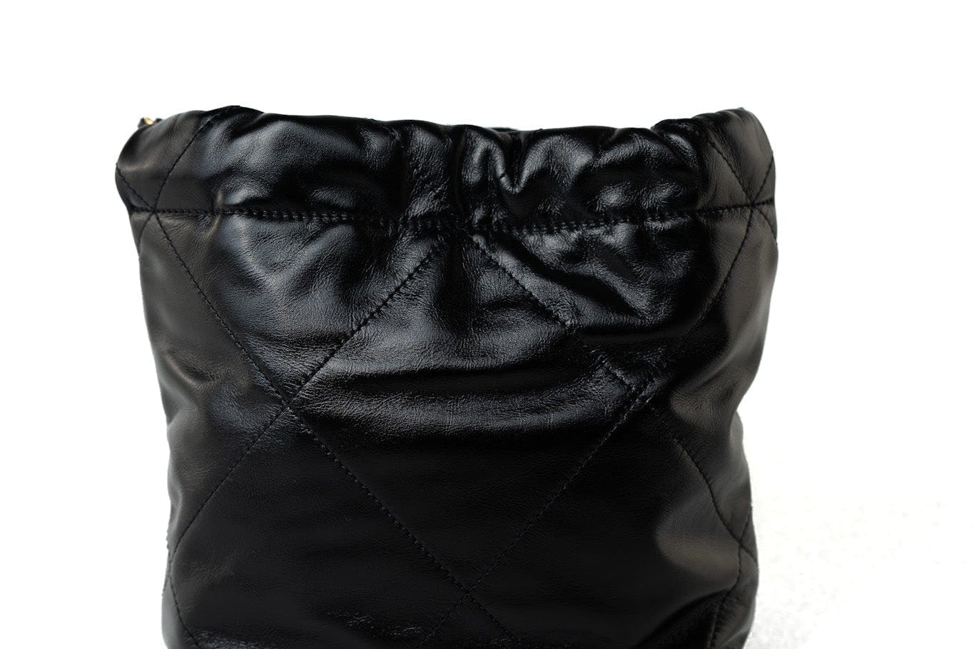 CHANEL Handbag Black Shiny Black Calfskin Quilted Mini 22 Bag Antique Gold Hardware - Redeluxe