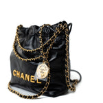 CHANEL Handbag Black Shiny Black Calfskin Quilted Mini 22 Bag Antique Gold Hardware - Redeluxe