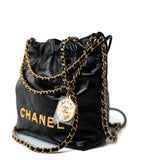 CHANEL Handbag Black Shiny Black Calfskin Quilted Mini 22 Bag Antique Gold Hardware - Redeluxe