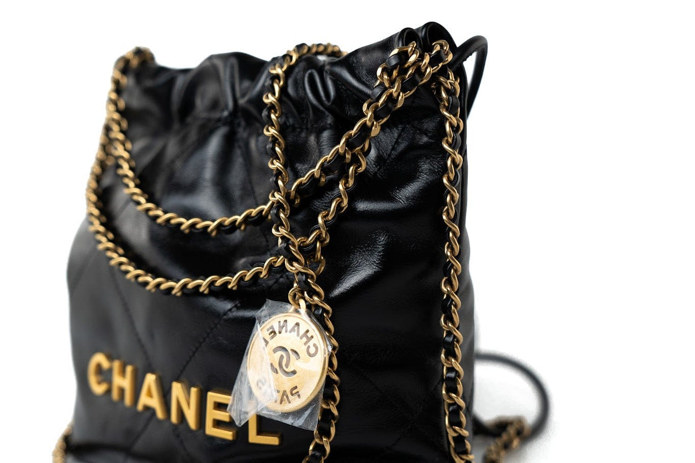 CHANEL Handbag Black Shiny Black Calfskin Quilted Mini 22 Bag Antique Gold Hardware - Redeluxe